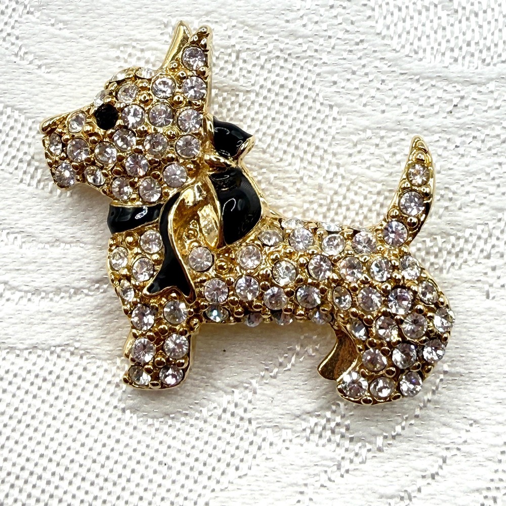 Vintage Monet Scottie Dog Brooch Gold Tone Rhinestone Pin w/ Black Enamel Bow